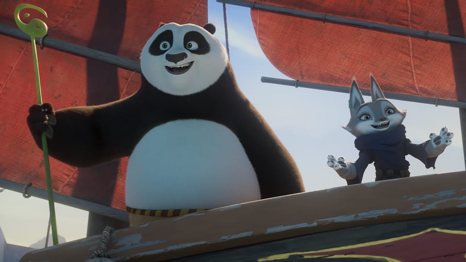 Scene from an animated film: Panda and fox stand next to each other on a boat.