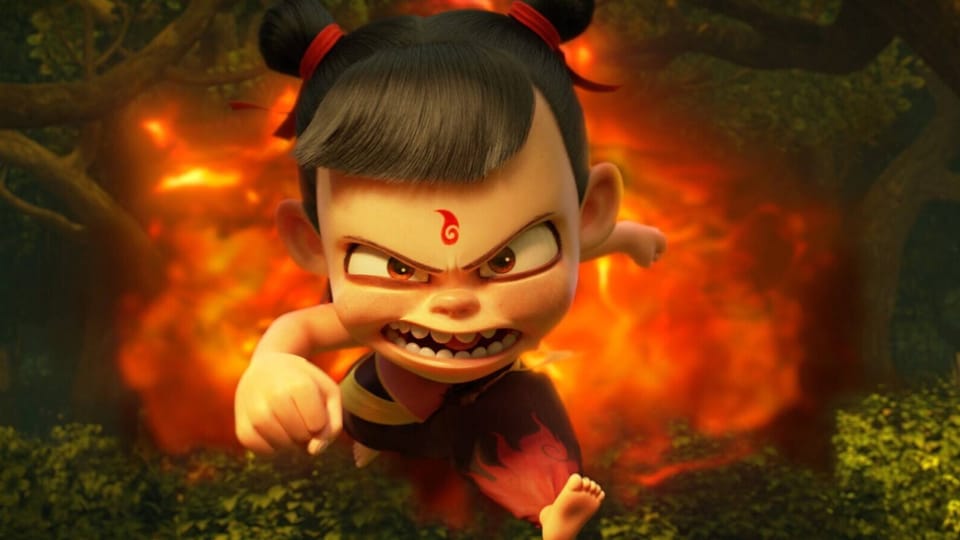 Scene from an animated film: girl with an angry face jumps out of a fire.