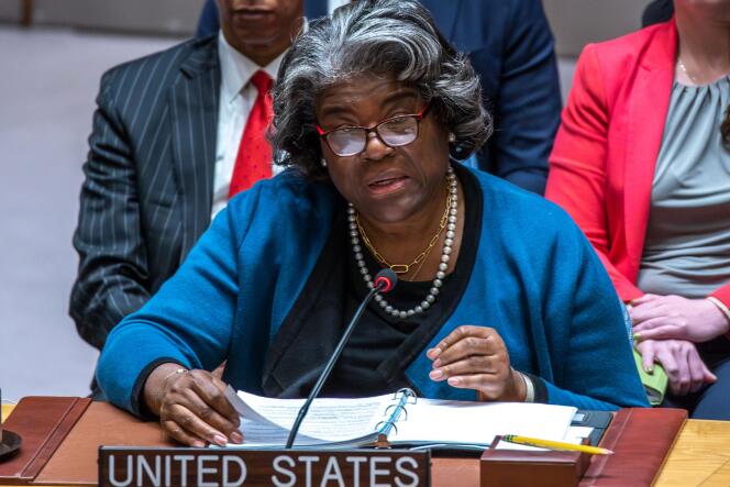 U.S. Ambassador to the United Nations Linda Thomas-Greenfield speaks during a meeting of the United Nations Security Council on March 22, 2024 in New York, United States.