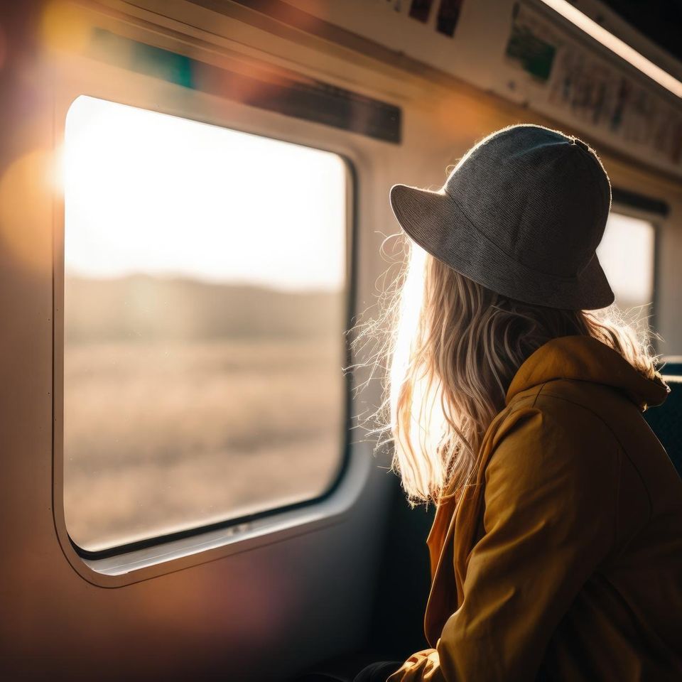 A woman sits on the train and looks out the window