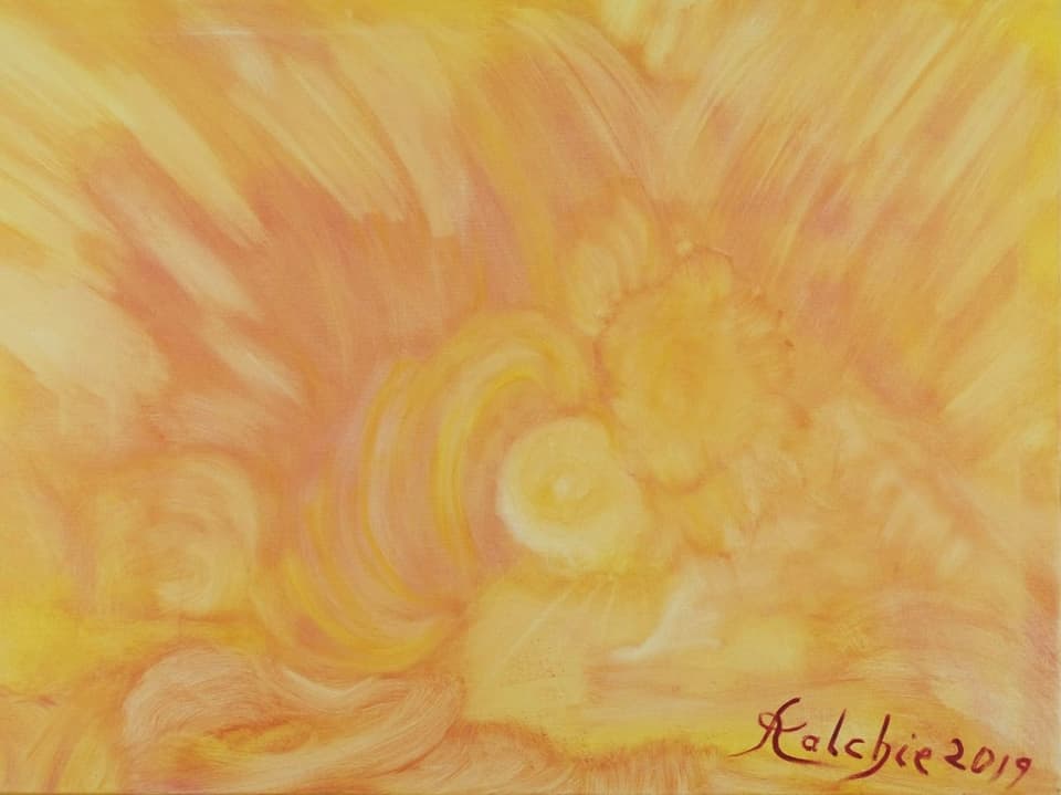 Gold-yellow, abstract oil painting by the artist “Kalchie”