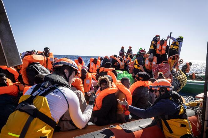 A migrant rescue operation off the coast of Libya, in international waters, on March 13, 2024, in a photo distributed by the humanitarian organization SOS Mediterranée.