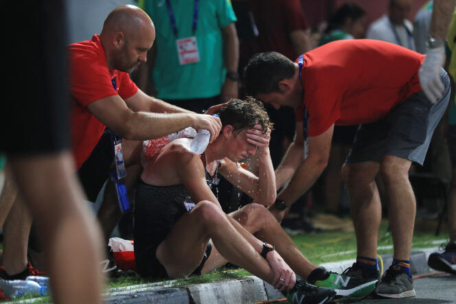 After the 50 km walking event at the world championships, in Doha, September 29, 2019.