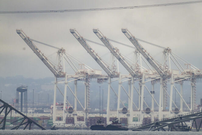 Port of Baltimore cranes shut down following the collision between the container ship “Dali” and the largest bridge in the Maryland metropolis, March 27, 2024. 