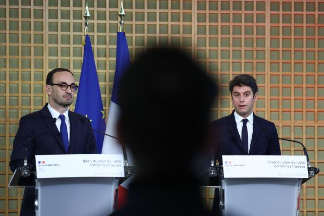 The Minister for Public Accounts, Thomas Cazenave, and the Prime Minister, Gabriel Attal, hold a press conference to present the results of an anti-fraud plan, at the Ministry of the Economy and Finance in Paris, March 20, 2024.