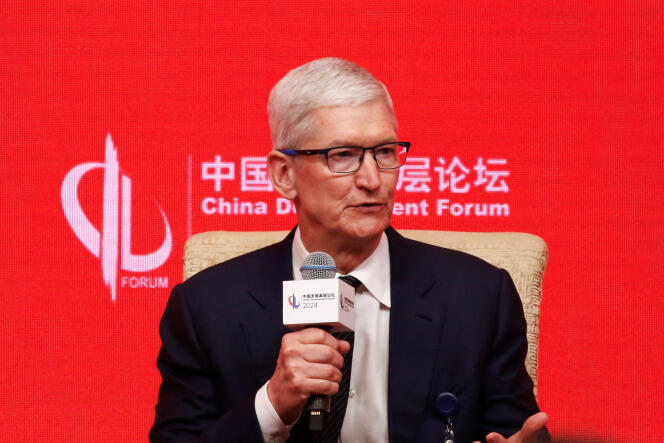 Apple boss Tim Cook speaks at the China Development Forum in Beijing on March 24, 2024.