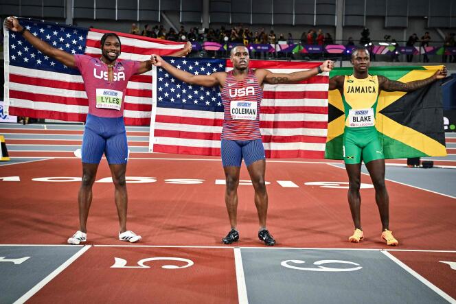 Christian Coleman (center), Noah Lyles (left) and Ackeem Blake, during the World Athletics Championships, Friday March 1, at the Emirates Arena in Glasgow (Scotland). 