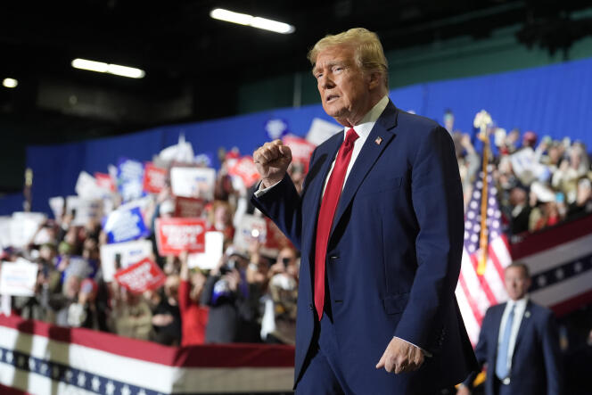 Former US President Donald Trump, candidate for his party's nomination for the 2024 presidential election, upon his arrival at a campaign rally on Saturday March 2, 2024 in Greensboro, North Carolina.