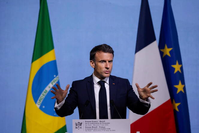 Emmanuel Macron during the Brazil-France Economic Forum at the Federation of Industries of the State of Sao Paulo (Brazil), March 27, 2024.