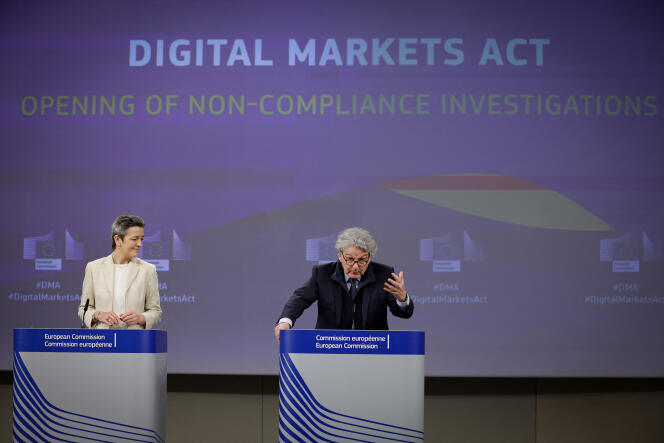 Margrethe Vestager, Commissioner for Competition, and Thierry Breton, Commissioner for the Internal Market, in Brussels, March 25, 2024.