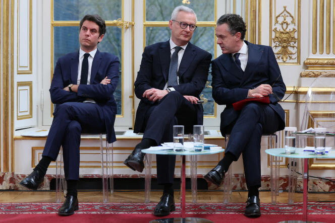 The Prime Minister, Gabriel Attal, the Minister of the Economy, Bruno Le Maire, and the Minister of Ecological Transition and Territorial Cohesion, Christophe Béchu, in Matignon, February 21, 2024.