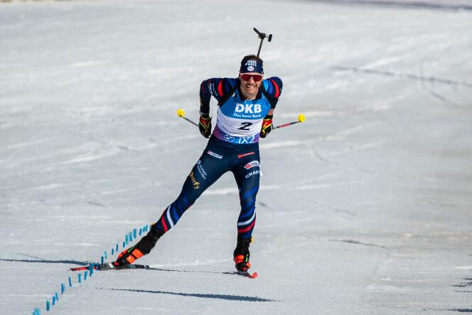 Emilien Jacquelin of France competes in the men's sprint during the IBU Biathlon World Cup at Soldier Hollow Nordic Center in Midway, Utah, March 9, 2024.