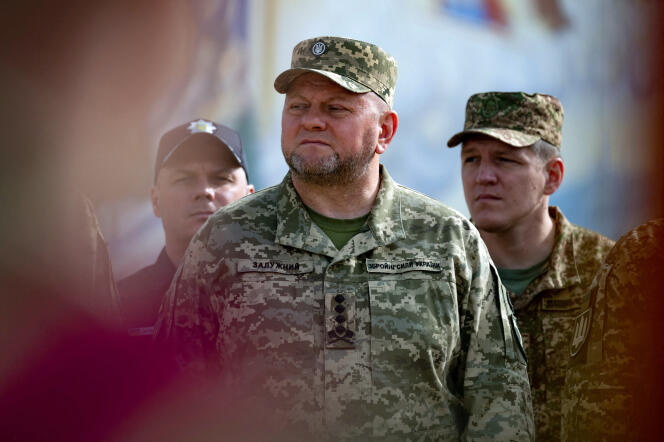 Commander-in-Chief of the Ukrainian Army Valery Zaluzhny (center) stands at attention as he takes part in the Ukrainian Statehood Day ceremony marking the 30th anniversary of Ukraine's independence, in the context of the Russian invasion of Ukraine.