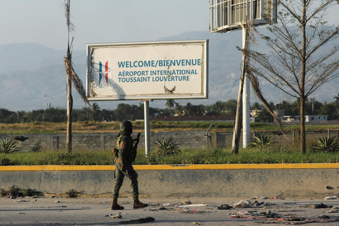 A soldier in front of Toussaint Louverture International Airport in Port-au-Prince, Haiti, March 4, 2024. 