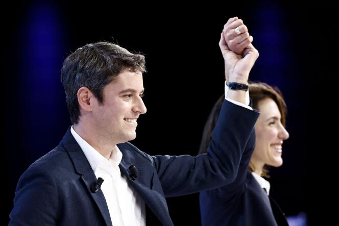 The MEP and head of the Renaissance group list, Valérie Hayer, and the Prime Minister, Gabriel Attal, during the launch of the campaign for the next European elections, in Lille, March 9, 2024.  