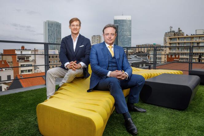 Walloon entrepreneur Drieu Godefridi and the president of the Neo-Flemish Alliance, Bart De Wever, at their party headquarters in Brussels, March 20, 2024.