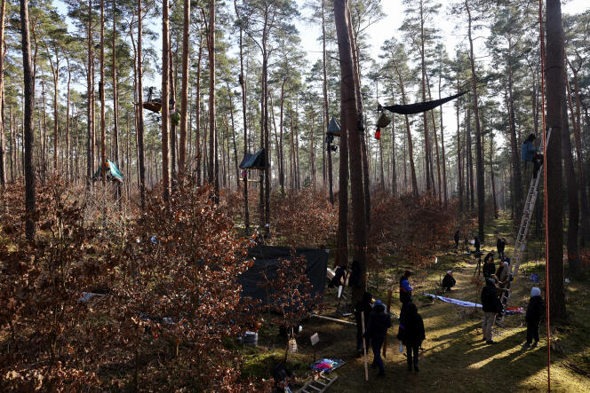 Camp established by environmental activists to oppose the Tesla gigafactory expansion project, in Grünheide, near Berlin, Germany, February 29, 2024.