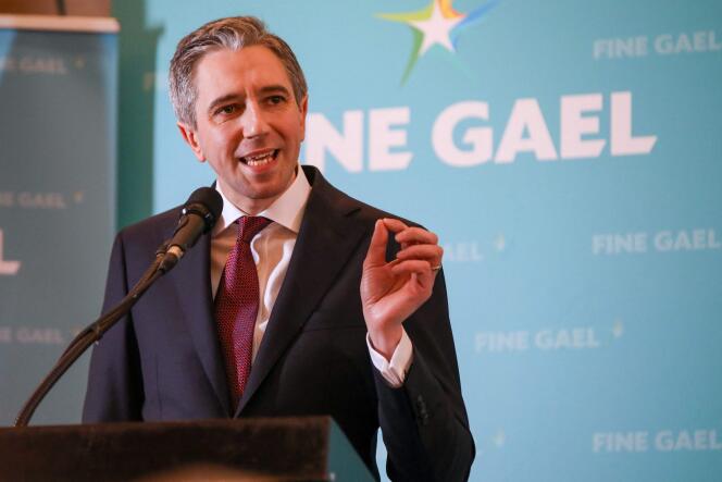 The new leader of Ireland's centre-right Fine Gael party, Simon Harris, in Athlone, west Dublin, Sunday March 24, 2024. 