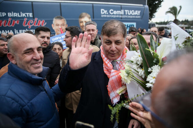 Cemil Tugay, candidate of the Republican People's Party (CHP) for the greater municipality of Izmir (Turkey), greeted by supporters at the city's airport, January 30, 2024.