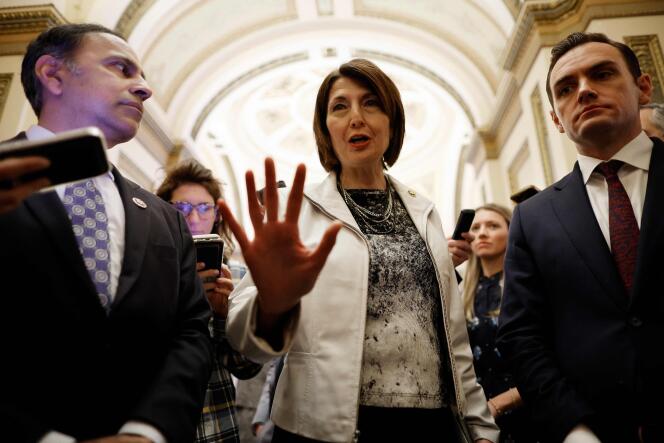 Rep. Raja Krishnamoorthi (L), House Energy and Commerce Committee Chairwoman Cathy McMorris Rodgers and Rep. Mike Gallagher after the vote, on Capitol Hill March 13, 2024 in Washington, DC. 