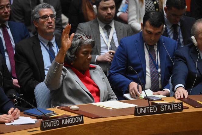 U.S. Ambassador to the United Nations Linda Thomas-Greenfield abstains from voting on a resolution calling for an immediate ceasefire in Gaza at a meeting of the United Nations Security Council, March 25 2024.