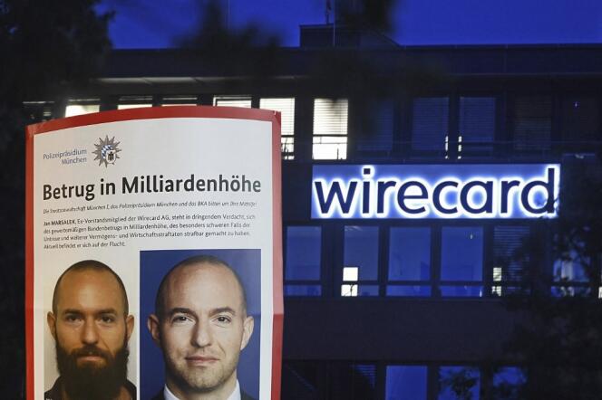 A photo montage showing Jan Marsalek's wanted poster and a Wirecard building. 