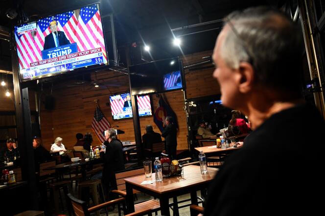 During Donald Trump's victory speech after Super Tuesday in a saloon in Sedalia, Colorado, March 5, 2024.