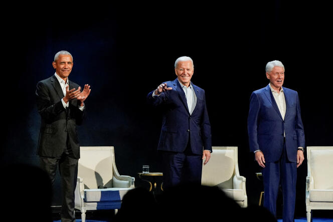 Joe Biden, Barack Obama and Bill Clinton participate in a discussion moderated by Stephen Colbert, host of CBS's 