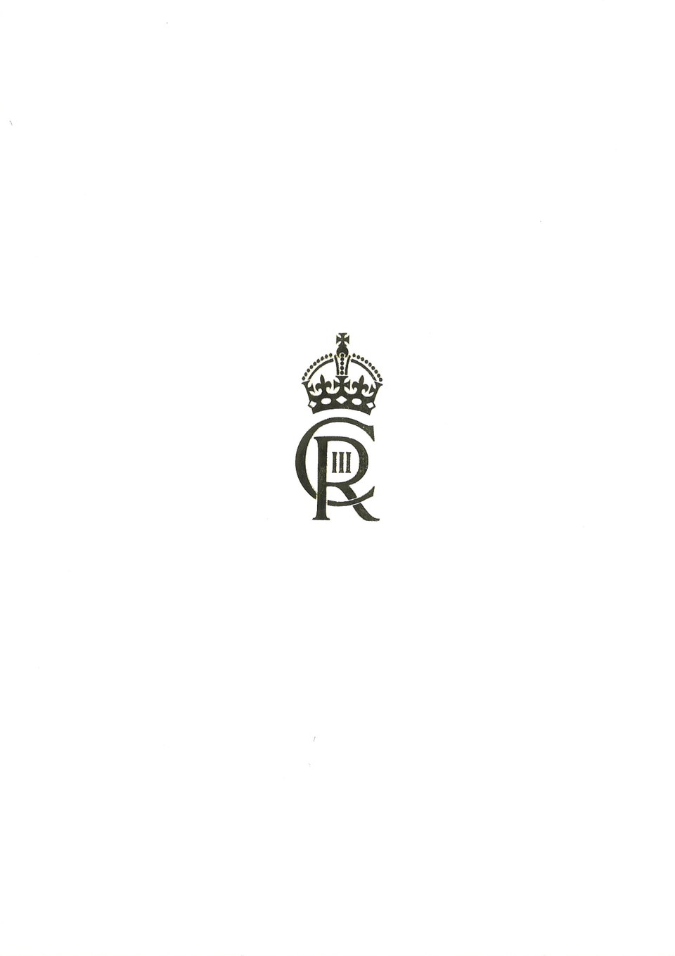 The front of the fold-out card is decorated with a gold emblem with the initials C (for Charles) R (for Rex).