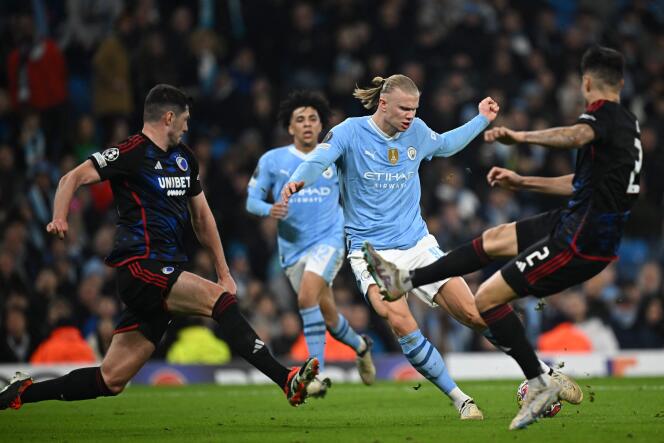 Manchester City's Erling Haaland (centre) during the Champions League Round of 16 second leg match against FC Copenhagen at the Etihad Stadium, Manchester, United Kingdom, on March 6, 2024.
