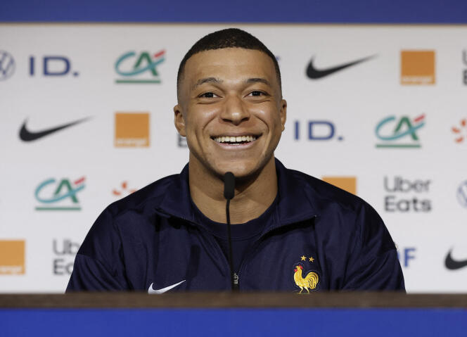 Kylian Mbappé during the French team's press conference at Groupama Stadium in Décines-Charpieu (Rhône), March 22, 2024.