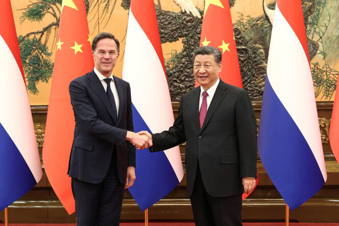 Dutch Prime Minister Mark Rutte and Chinese President Xi Jinping in Beijing on Wednesday March 27, 2024. 