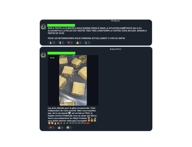 Screenshot of a Telegram channel selling drugs, March 20, 2024. 