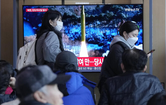 A ballistic missile launch in North Korea, broadcast by a South Korean channel, on a television screen at Seoul station, March 18, 2024.