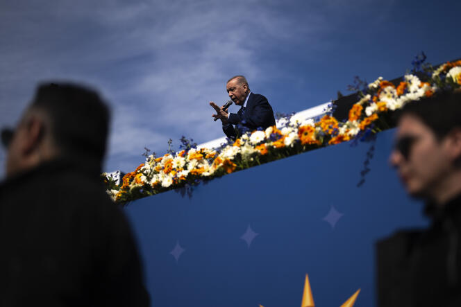 Turkish President and head of the Justice and Development Party (AKP), Recep Tayyip Erdogan, during a rally ahead of the municipal elections, in Istanbul, March 24, 2024.