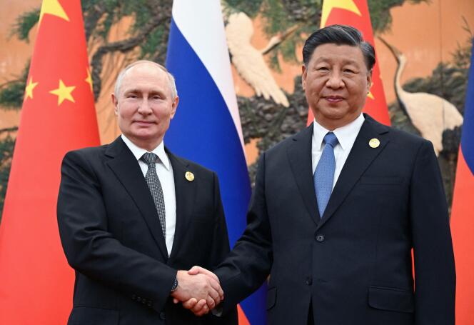 Russian Presidents Vladimir Putin and Chinese Presidents Xi Jinping in Beijing on October 18, 2023. 