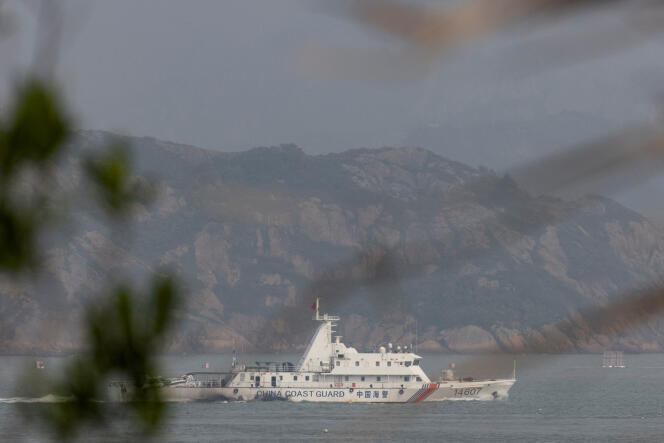 A Chinese coast guard ship during a military exercise near the Taiwan-controlled Matsu Islands on April 8, 2023.