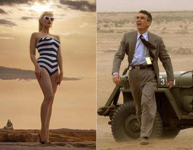 On the left, Margot Robbie in a scene from the film “Barbie”;  on the right, Cillian Murphy in the film “Oppenheimer”.  Both of these films were blockbusters in 2023.