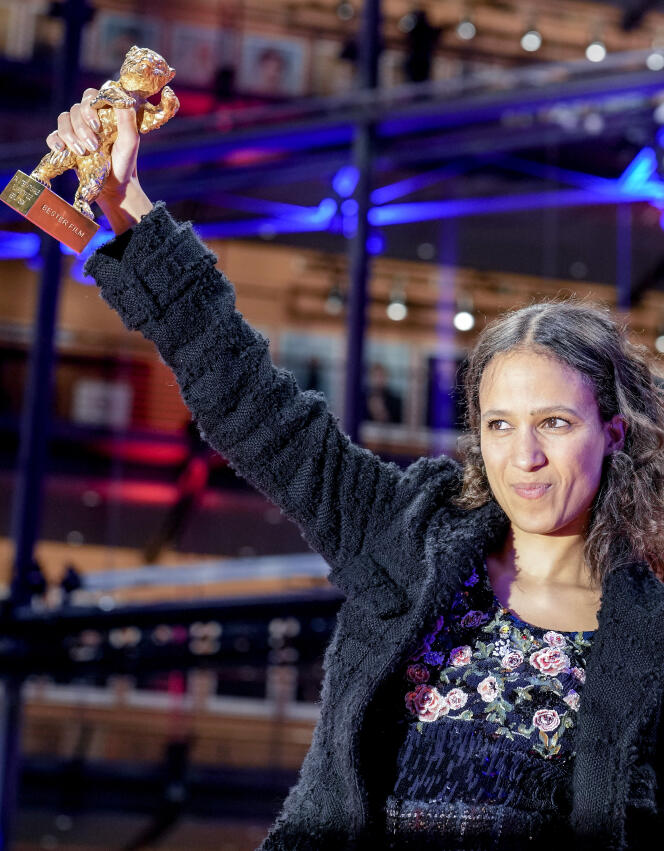 Mati Diop receives the Golden Bear at the Berlinale, in Berlin, February 24, 2024.