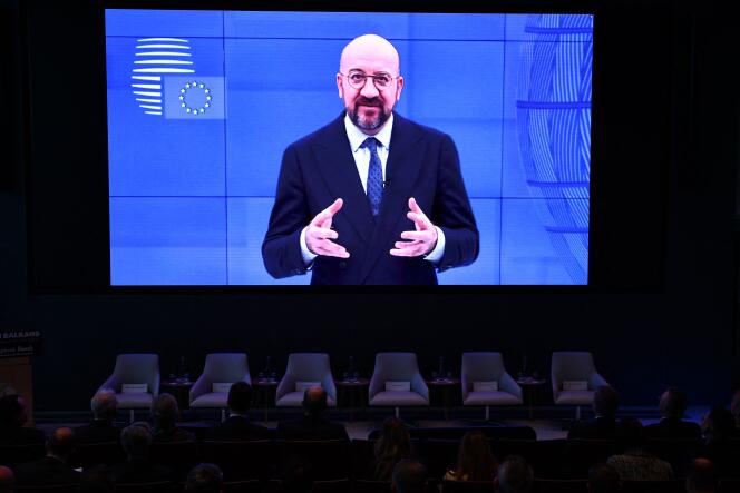 European Council President Charles Michel delivers a speech via video during the opening session of the Western Balkans Summit on February 26, 2024 at the European Bank for Reconstruction and Development headquarters in London. 