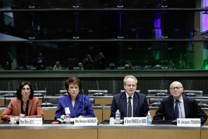 From left to right, former French ministers of culture, Rima Abdul Malak, Roselyne Bachelot, Renaud Donnedieu de Vabres and Jacques Toubon, at the National Assembly, in Paris, Thursday March 28, 2024.