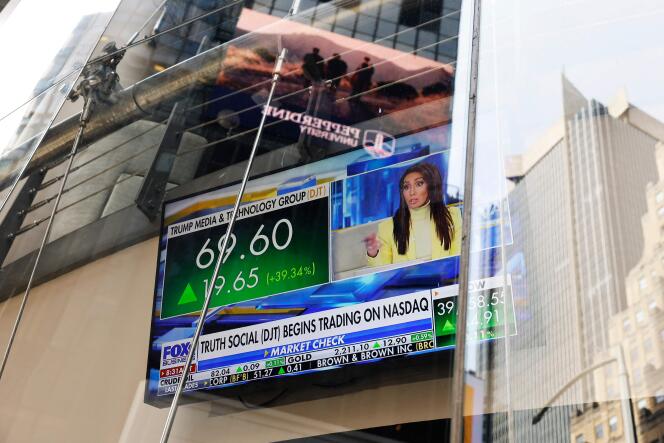 Announcement on the Nasdaq Marketplace screens of the public trading of the Trump Media & Technology Group, in New York, March 26, 2024.