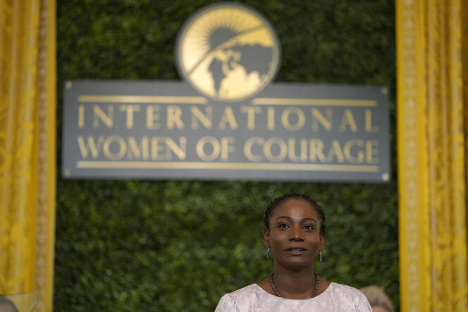 Fatou Baldeh, survivor of female genital cutting in Gambia, speaks after receiving the 18th annual International Women of Courage Award, at the White House in Washington, March 4, 2024.