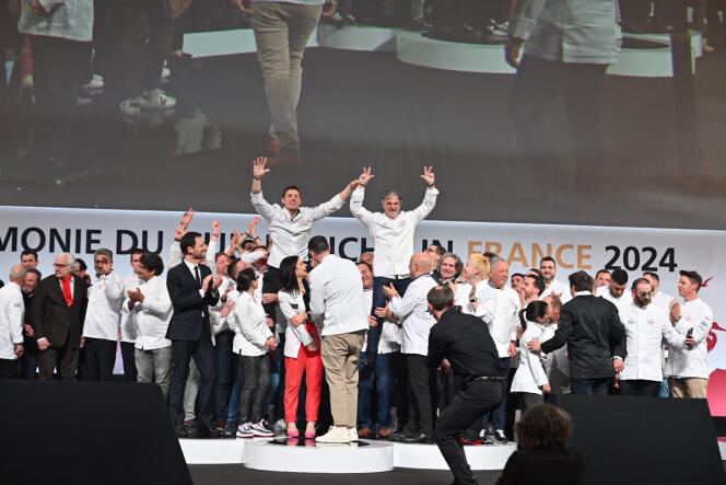 Three-star chefs Fabien Ferré (left), from La Table du Castellet, and Jérome Banctel (right), from the Gabriel restaurant at the La Réserve Paris hotel, during the Michelin guide awards ceremony for France 2024, in Tours, March 18, 2024. 