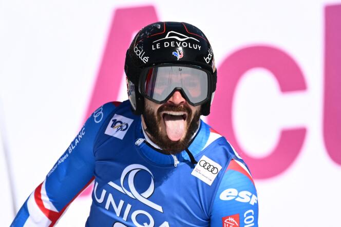 Cyprien Sarrazin of France reacts after competing in the super-G event of the FIS Men's Alpine Skiing World Cup in Saalbach, Austria, March 22, 2024. 