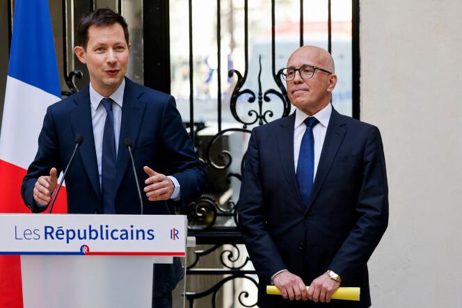 François-Xavier Bellamy and Eric Ciotti, during a Republican press conference to launch their party's campaign for the next European elections, in Paris, March 19, 2024. 