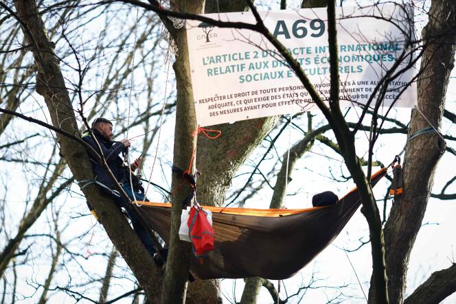 Two environmental activists set up a camp in a tree near the European Parliament, to protest against the A69 motorway project, in Brussels (Belgium), March 18, 2024 