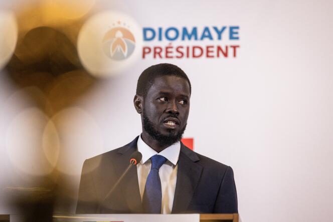 Bassirou Diomaye Faye during his first press conference after being declared winner of the presidential election in Senegal, in Dakar, March 25, 2024.