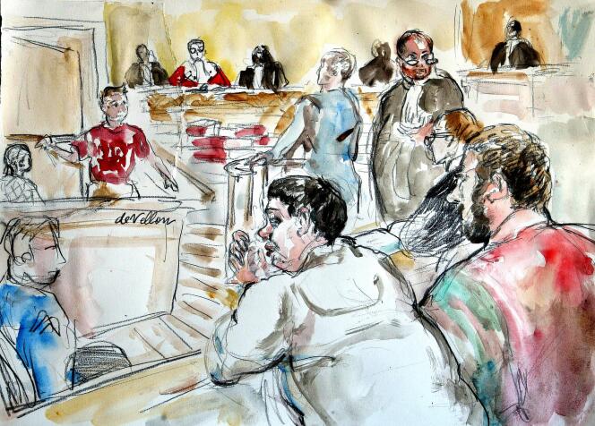 Court sketch made on May 17, 2004 showing Myriam Badaoui and Thierry Delay, two of the seventeen accused who appeared in the Outreau affair, listening to a medical expert under the eyes of Thierry Delay's son, Dimitri ( standing on the left), in a room of the Assize Court of Pas-de-Calais in Saint-Omer. 