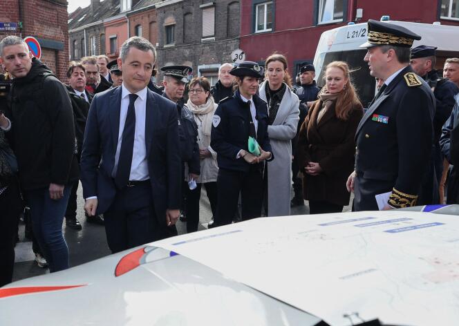 The Minister of the Interior, Gérald Darmanin, during a “Place net XXL” operation against drug trafficking, in Roubaix (North), March 25, 2024. 